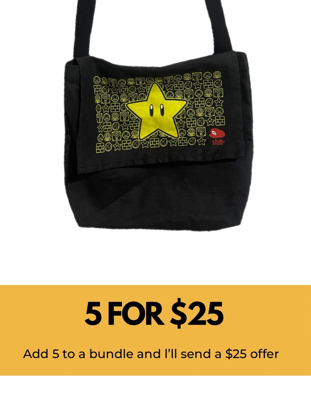Super Mario Star Graphic Black Crossbody Messenger Bag